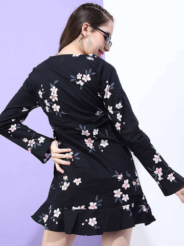 Women's Printed V Neck Short Dress