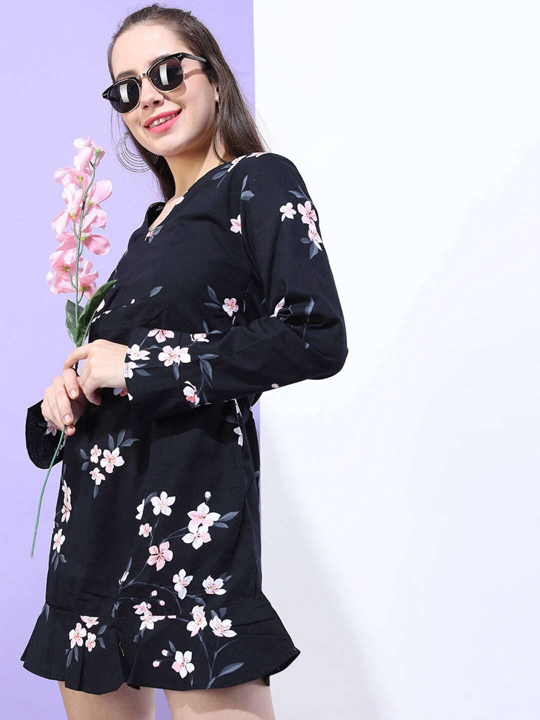 Women's Printed V Neck Short Dress