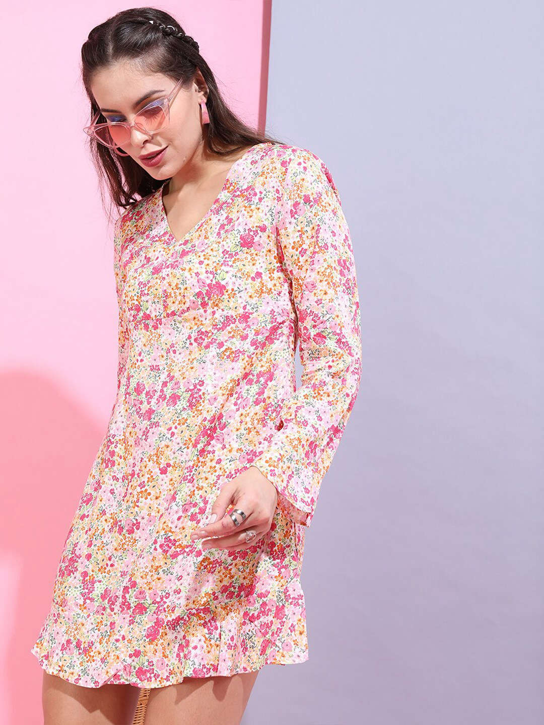 Women's Floral V Neck Short Dress