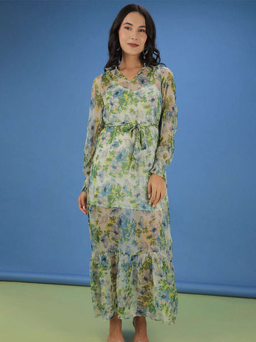 Women's Tropical Printed Flare Maxi Dress