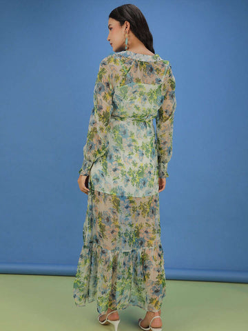 Women's Tropical Printed Flare Maxi Dress