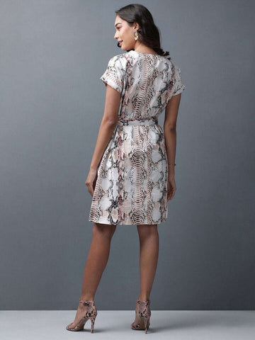 Women's Animal Printed Shirt Dress With Belt