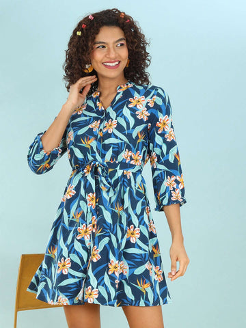 Women's Printed A Line Short Dress With Belt
