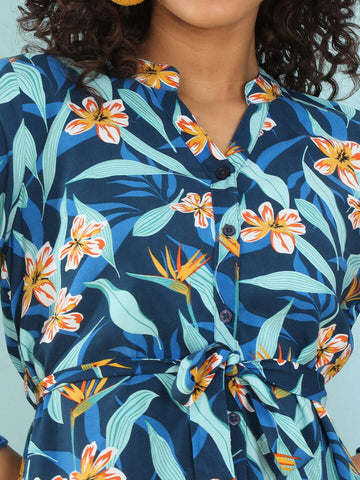 Women's Printed A Line Short Dress With Belt