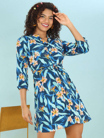 Women's Printed A Line Short Dress With Belt