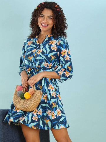 Women's Printed A Line Short Dress With Belt