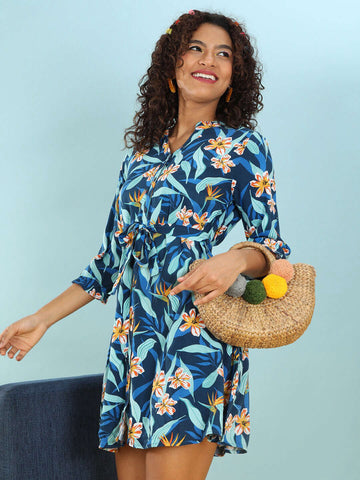 Women's Printed A Line Short Dress With Belt