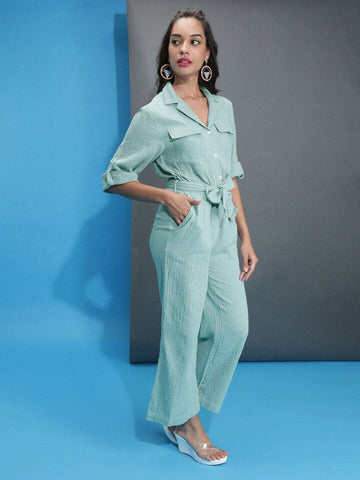 Women's Solid Jumpsuit With Flap Pockets