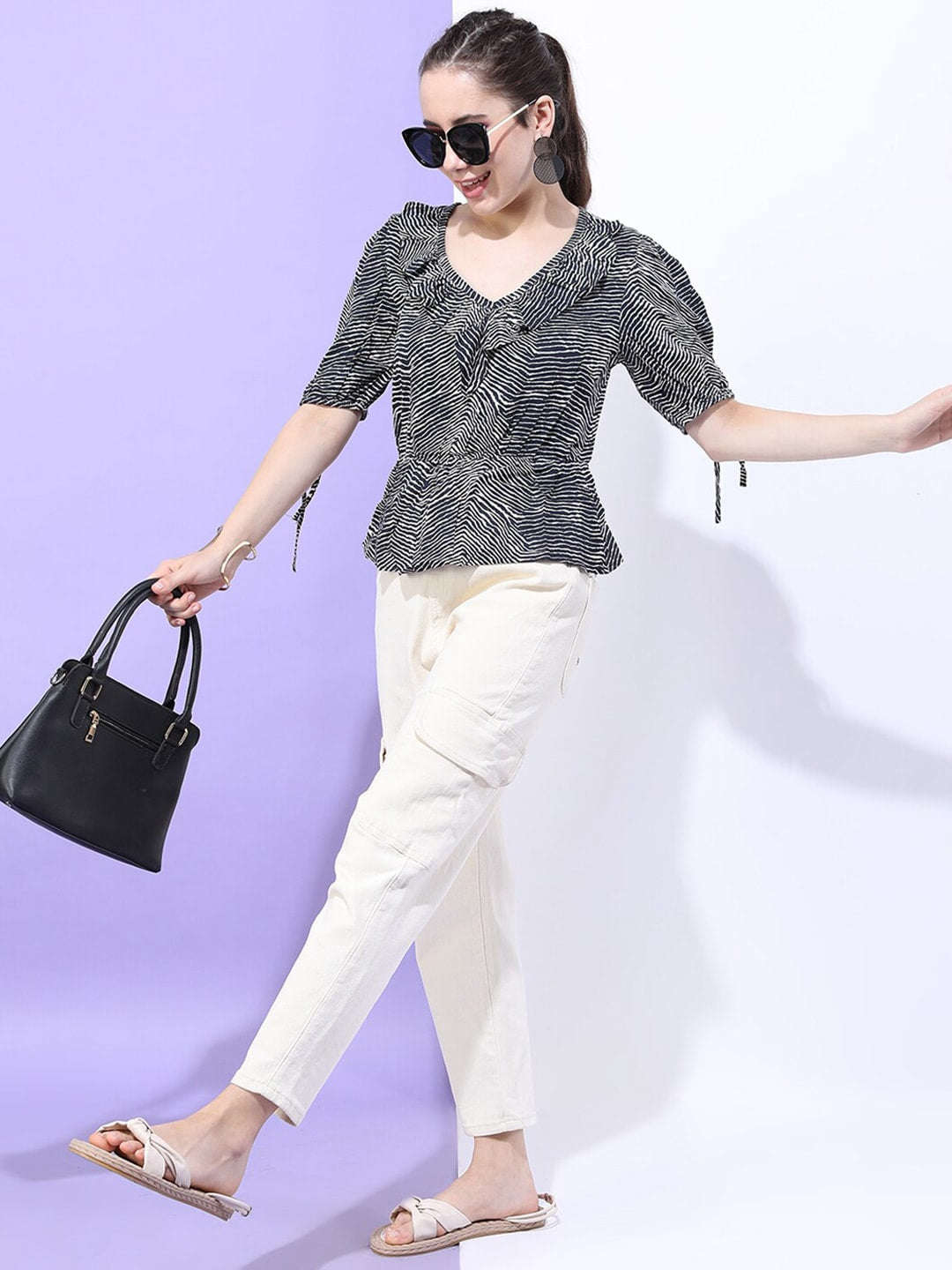 Women's Printed Top With Sleeve Tie Up