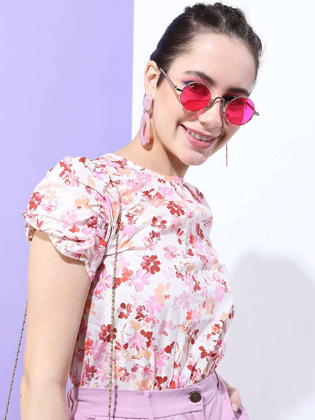 Women's Printed Top With Gathered Sleeves