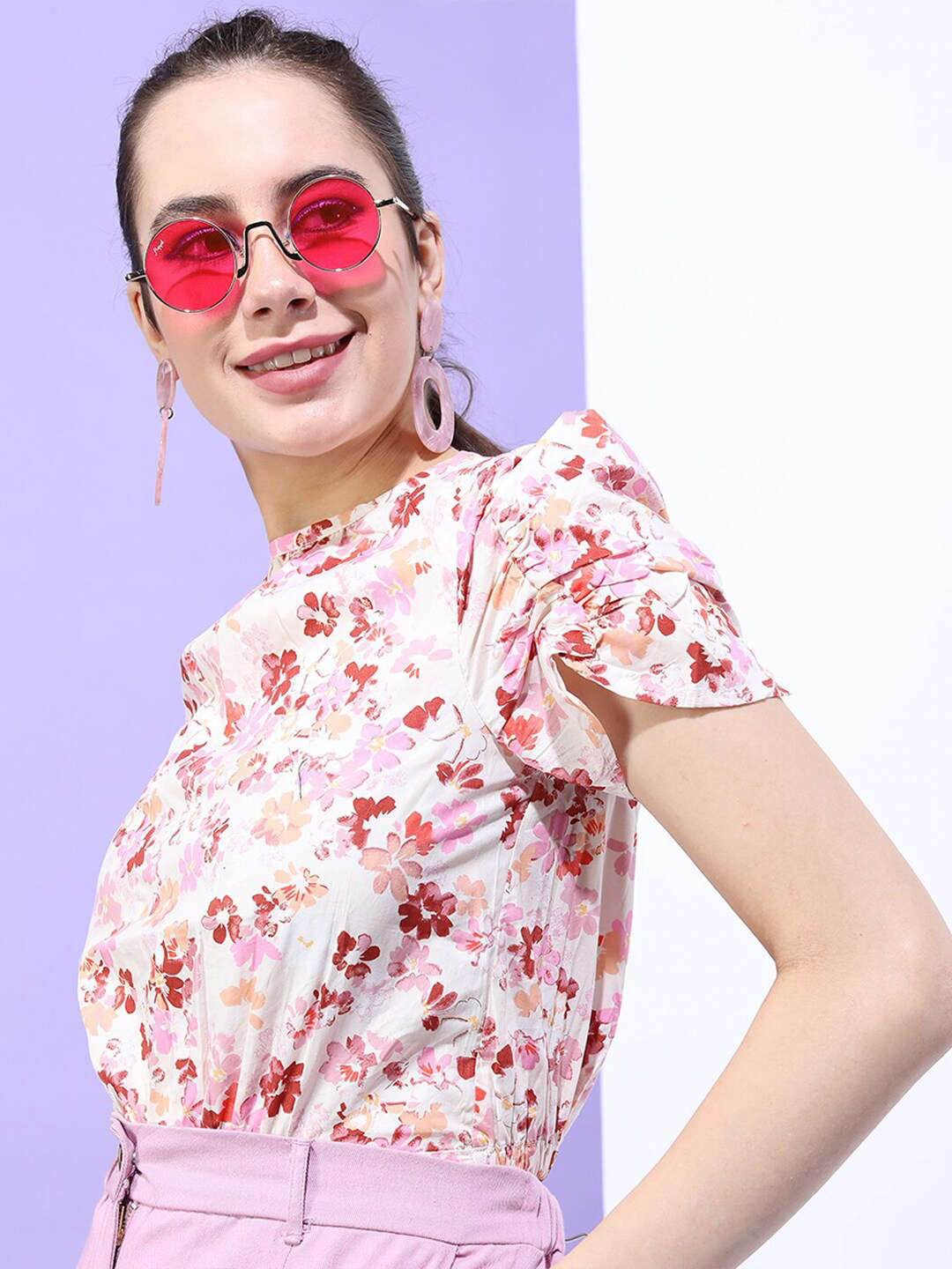 Women's Printed Top With Gathered Sleeves