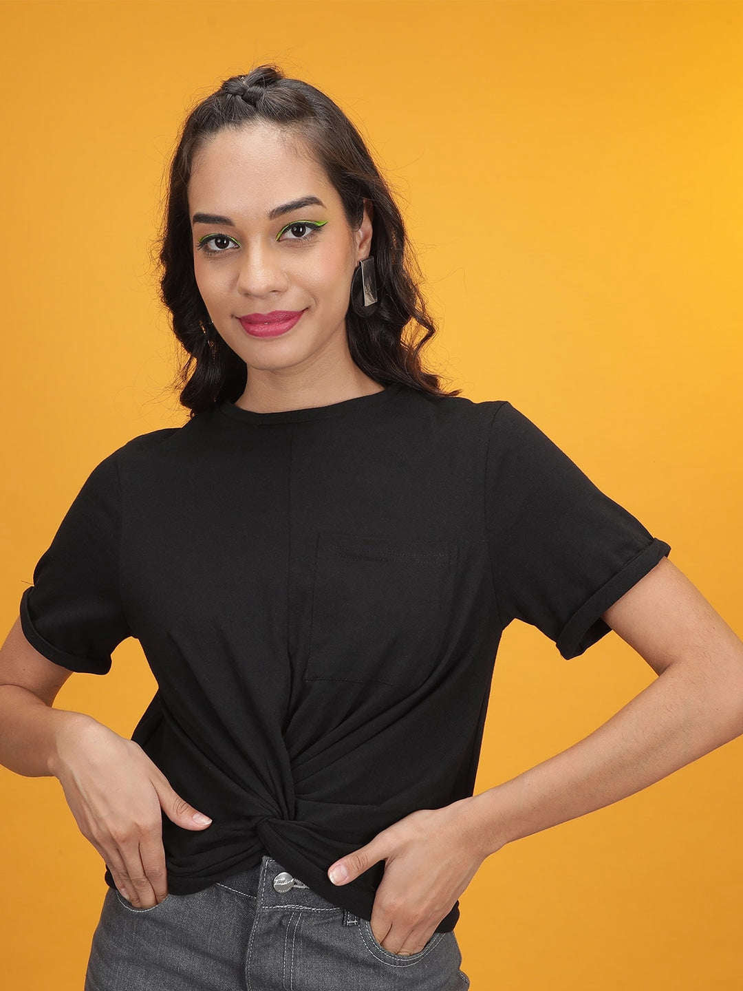 Women's Solid T-Shirt With Knotted Front