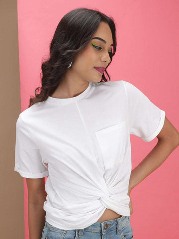 Women's Solid T-Shirt With Knotted Front