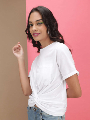 Women's Solid T-Shirt With Knotted Front