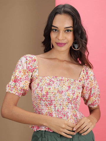Women's Floral Printed Square Neck Smoked Top