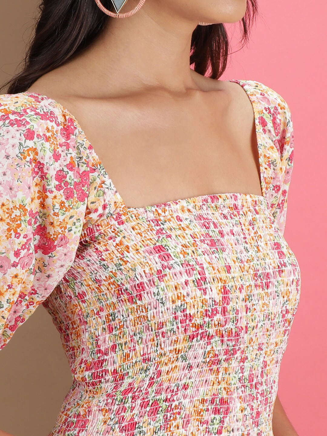 Women's Floral Printed Square Neck Smoked Top