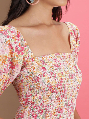 Women's Floral Printed Square Neck Smoked Top