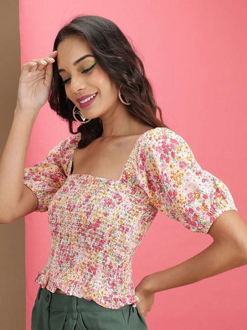 Women's Floral Printed Square Neck Smoked Top
