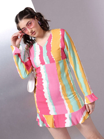 Women's Printed V Neck Short Dress