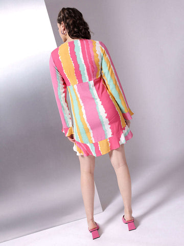 Women's Printed V Neck Short Dress