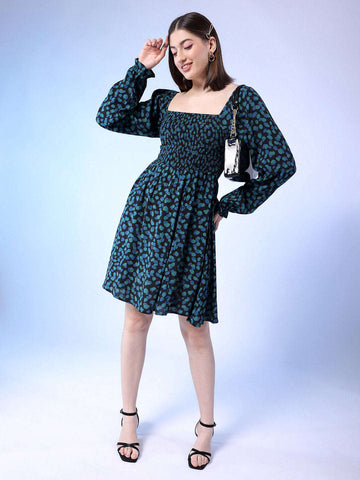 Women's Smocked Printed Flare Dress