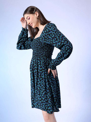 Women's Smocked Printed Flare Dress