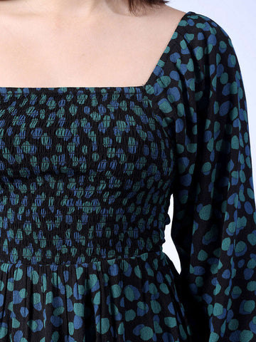 Women's Smocked Printed Flare Dress