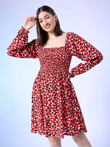 Women's Smocked Printed Flare Dress