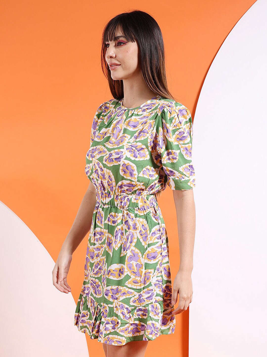 Women's Elasticated Waist Printed Midi Dress