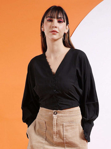 Women's Button Down V Neck Top