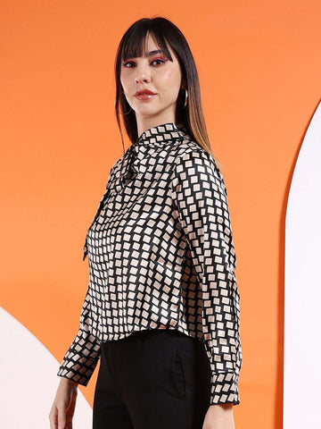 Women's Satin Printed Neck Tie Shirt