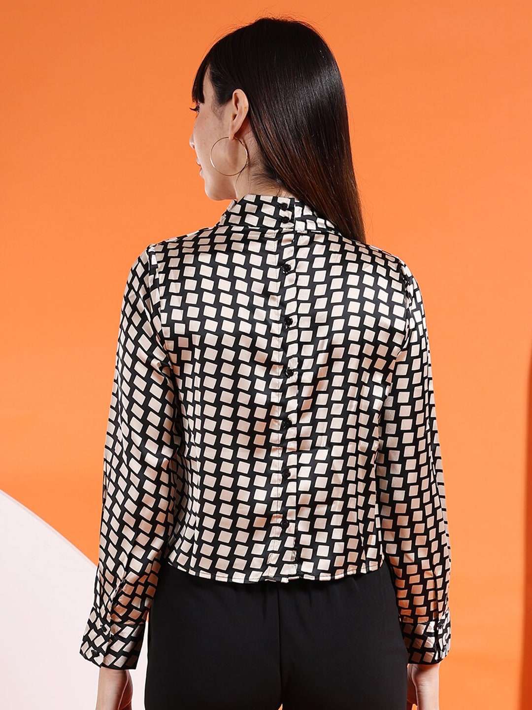 Women's Satin Printed Neck Tie Shirt