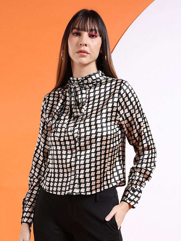 Women's Satin Printed Neck Tie Shirt
