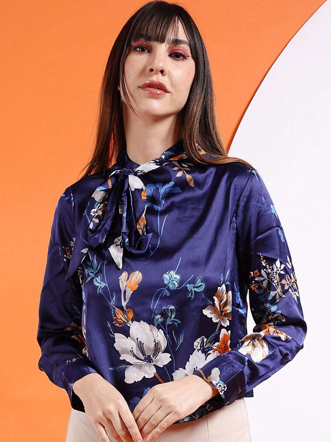 Women's Satin Printed Neck Tie Shirt