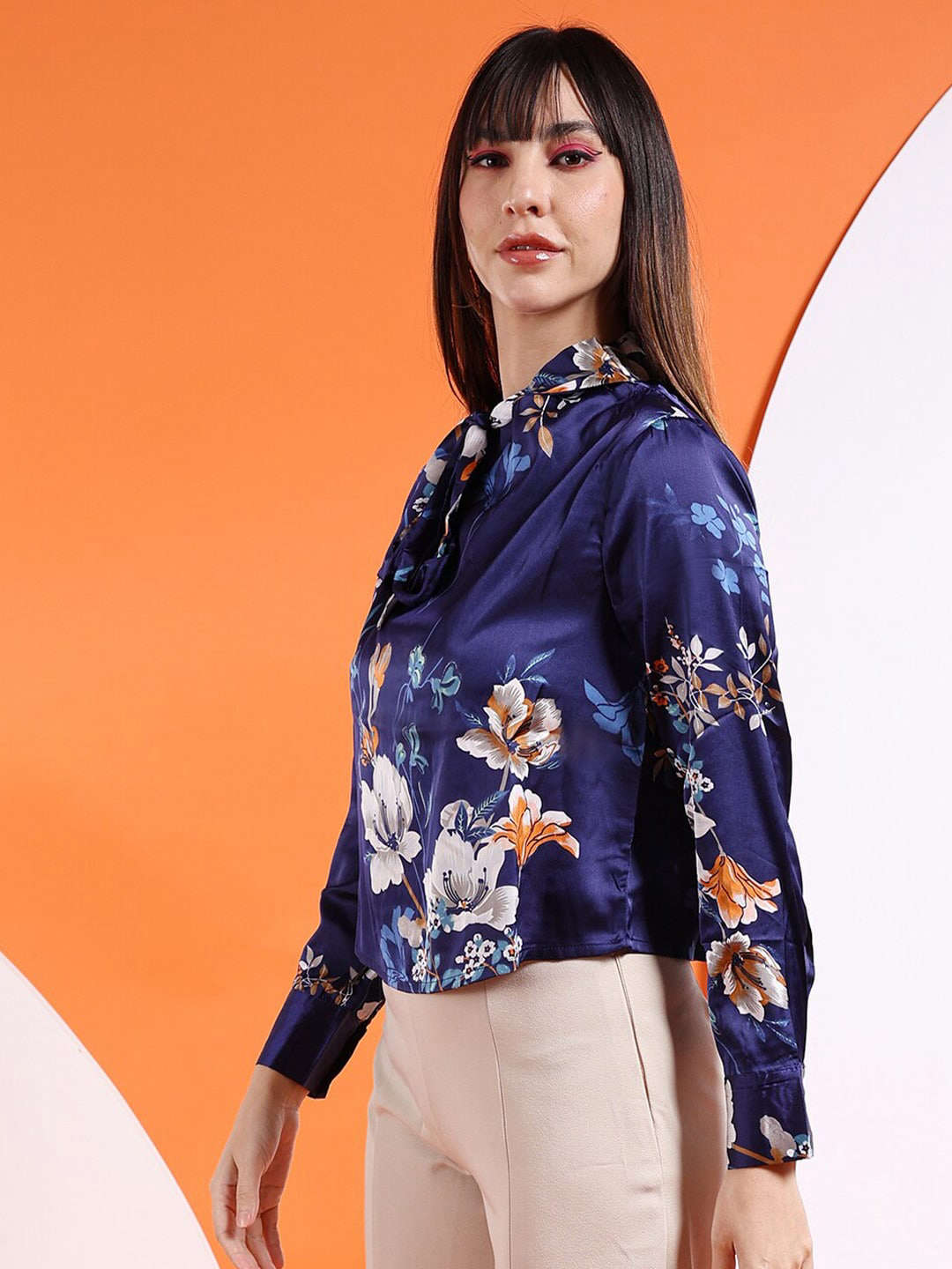 Women's Satin Printed Neck Tie Shirt