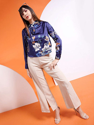 Women's Satin Printed Neck Tie Shirt