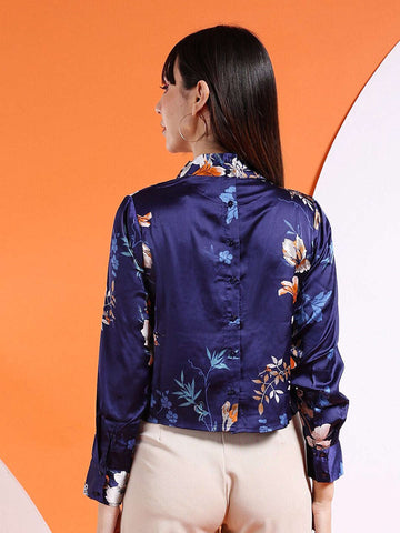 Women's Satin Printed Neck Tie Shirt