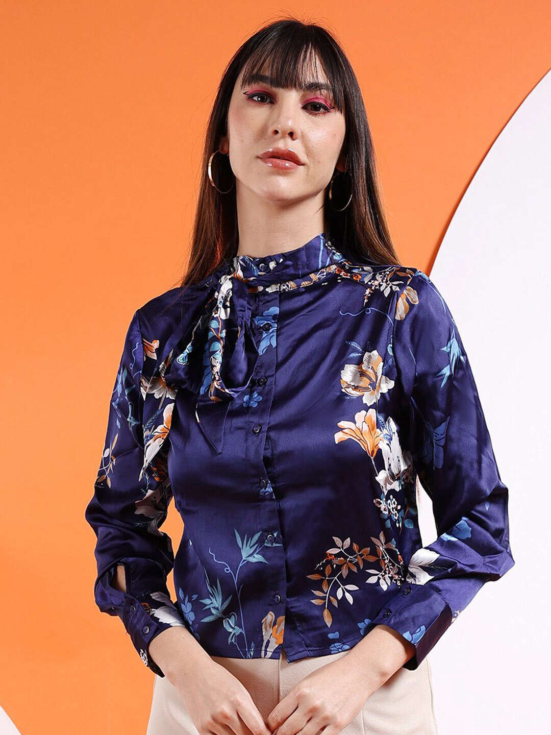 Women's Satin Printed Neck Tie Shirt