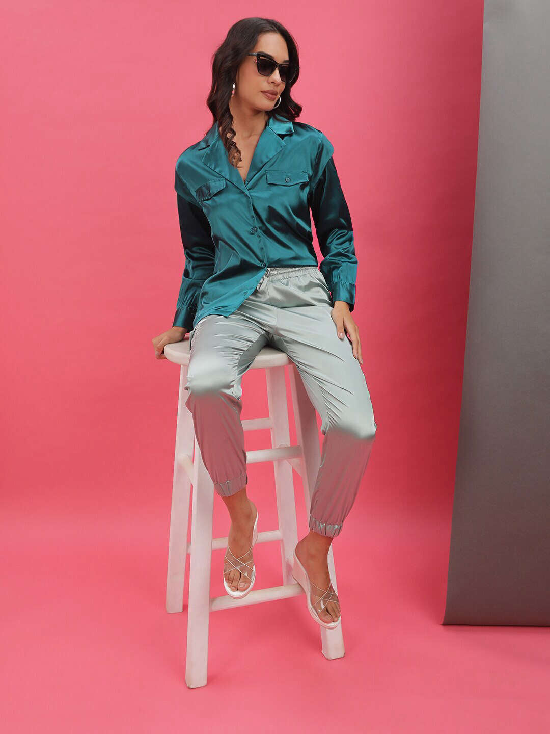 Women's Satin Lapel Collar Shirt