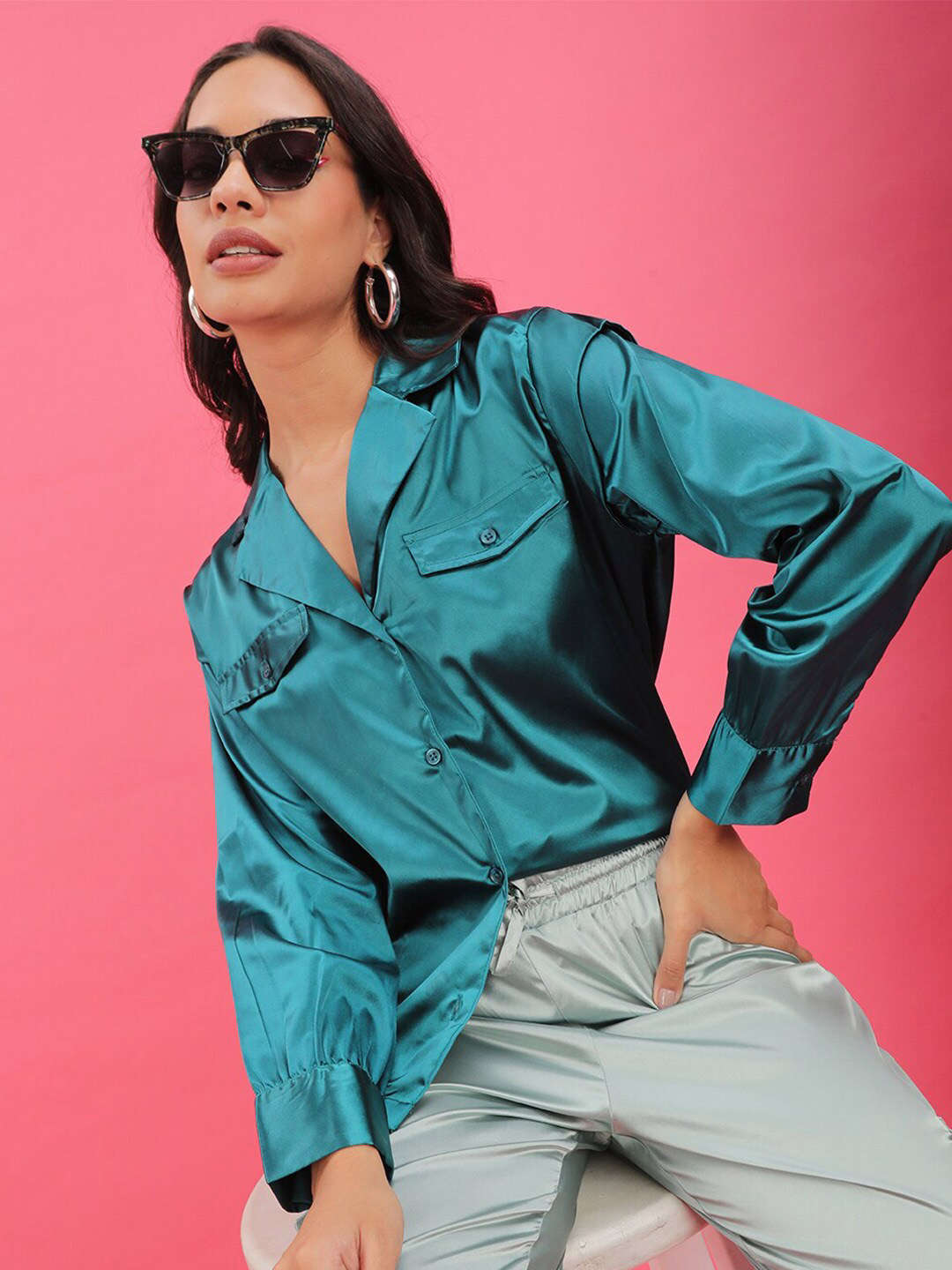 Women's Satin Lapel Collar Shirt