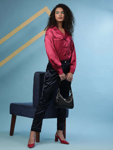 Women's Satin Lapel Collar Shirt