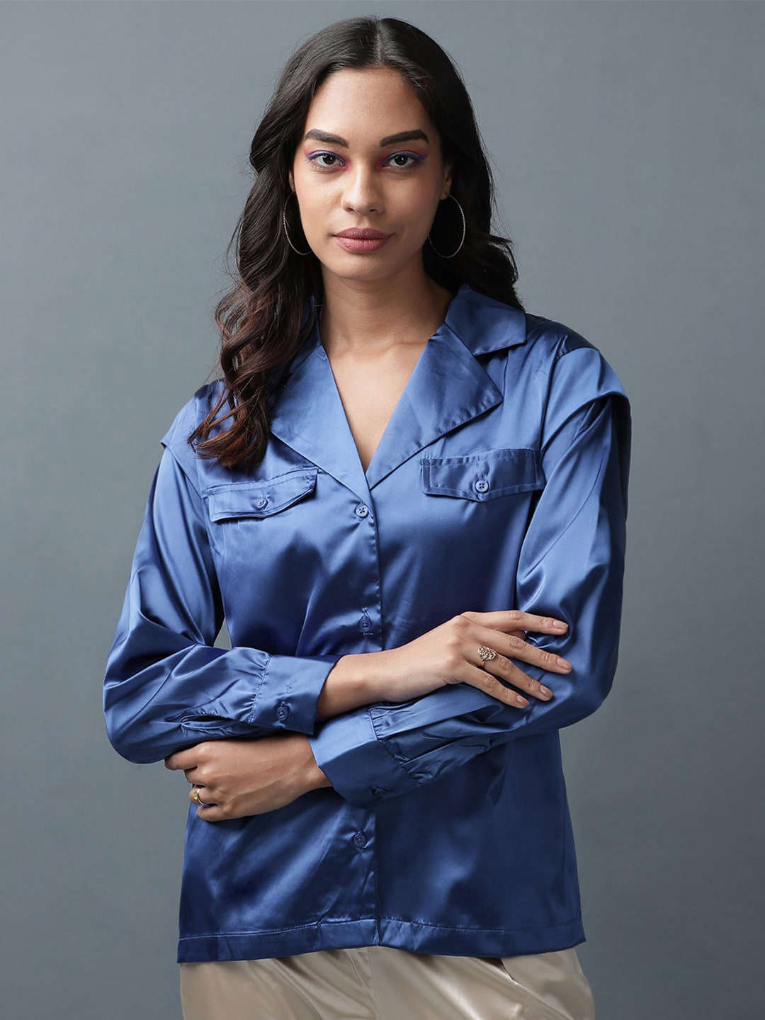 Women's Satin Lapel Collar Shirt