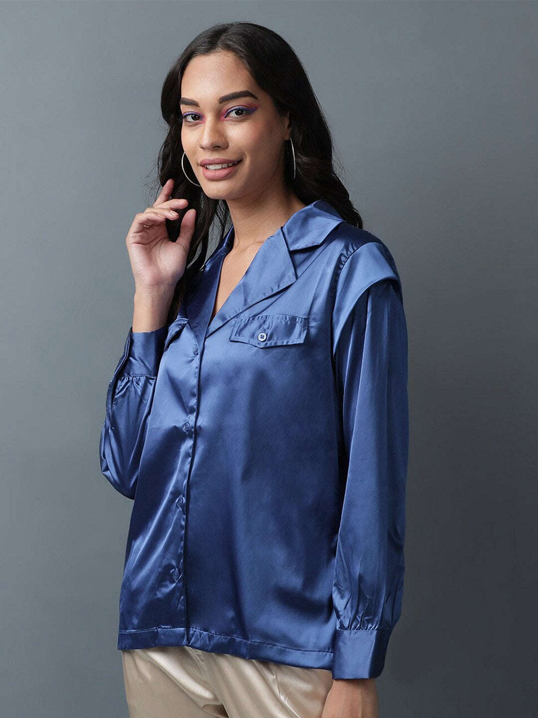 Women's Satin Lapel Collar Shirt