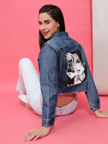 Women's Back Printed Denim Jacket