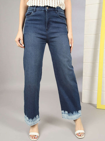 Women's Wide Leg Jeans With Tie N Dye Detail
