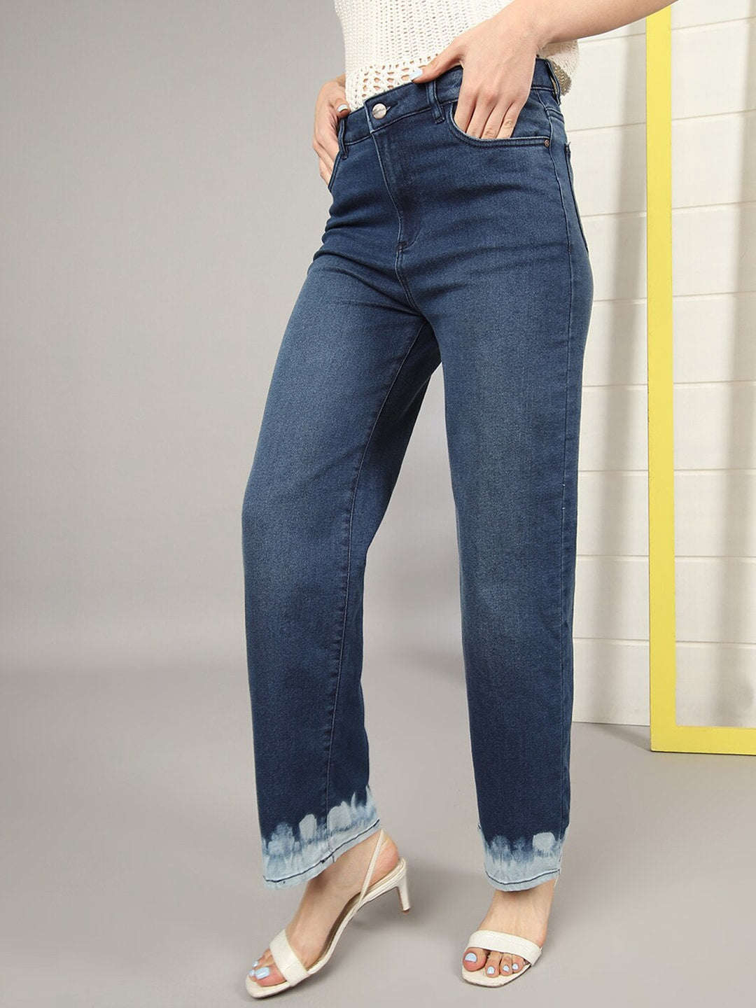 Women's Wide Leg Jeans With Tie N Dye Detail