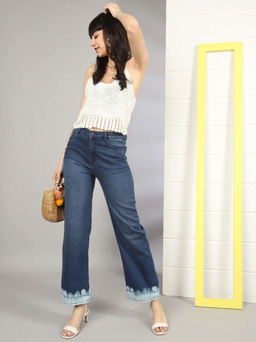 Women's Wide Leg Jeans With Tie N Dye Detail
