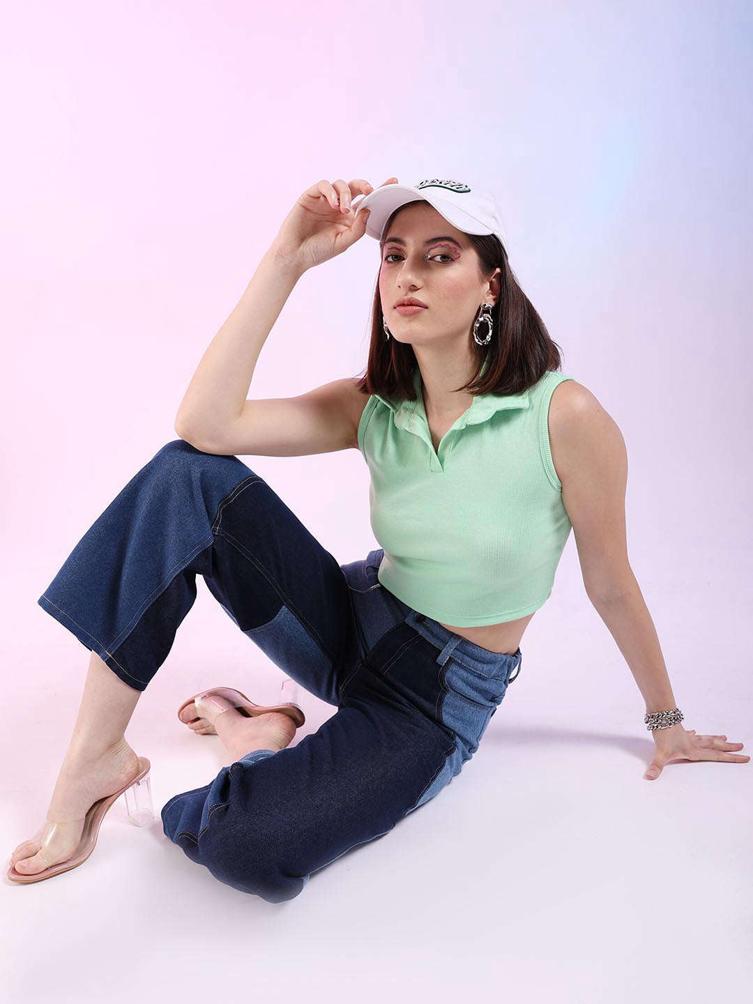 Women's Sleeveless Polo Collar Rib Top