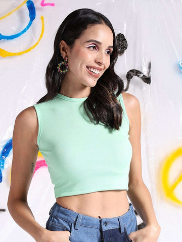 Women's Round Neck Sleeveless Rib Top