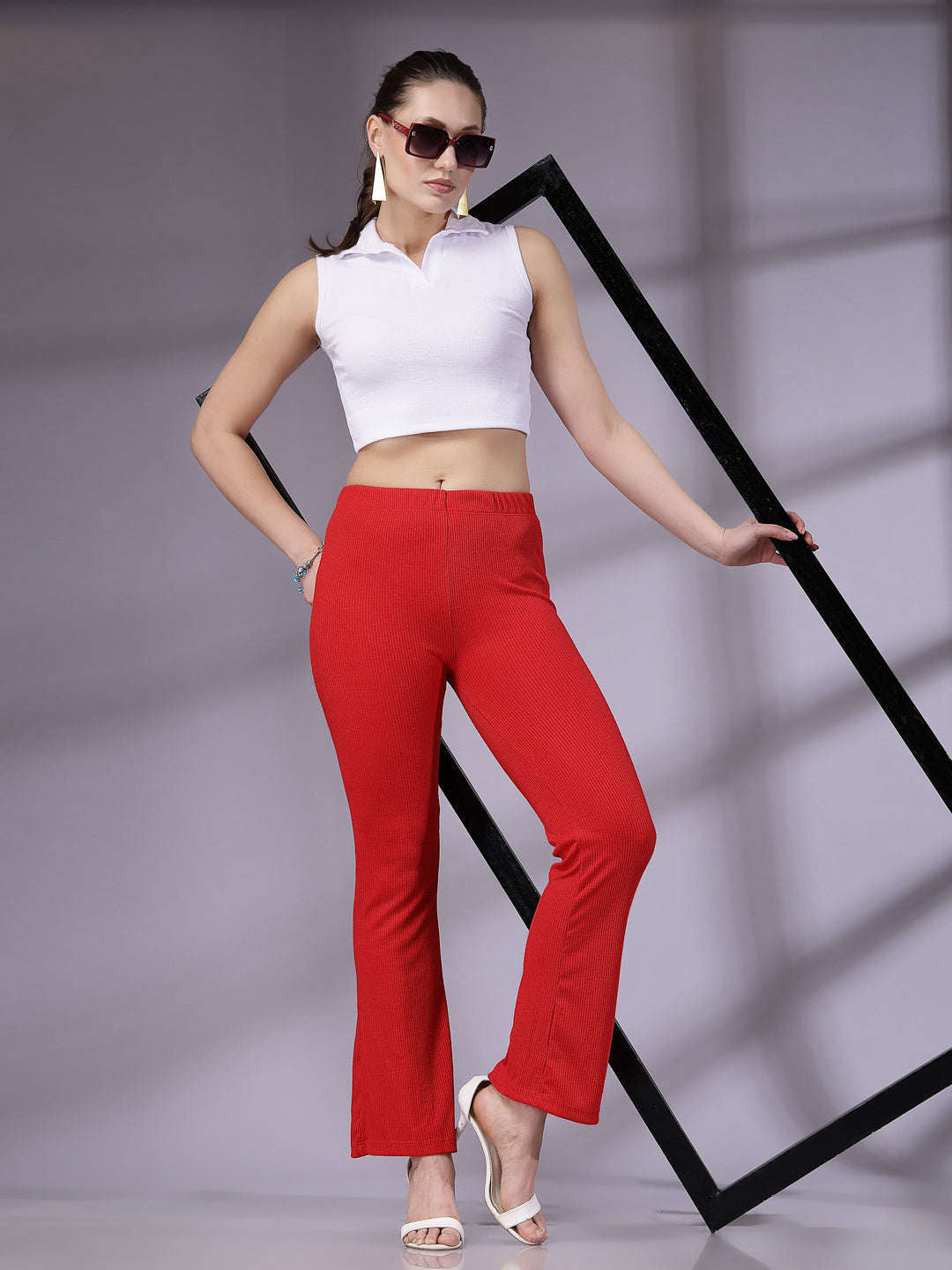 Women's Mid Rise Solid Rib Trouser